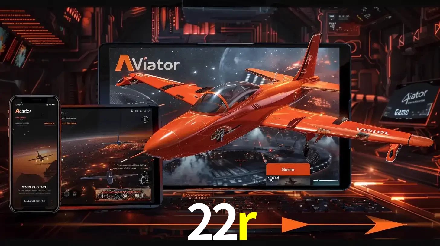 Apresentação tecnológica do jogo Aviator com um avião saindo da tela de um tablet, demonstrando a experiência imersiva em múltiplos dispositivos no 22r.
