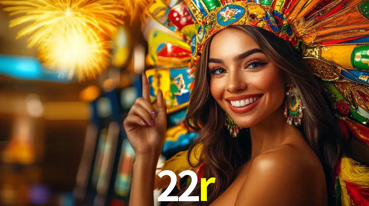 Mulher sorridente com um cocar de carnaval vibrante e colorido, celebrando uma grande vitória nos jogos do cassino 22r com fogos de artifício ao fundo.