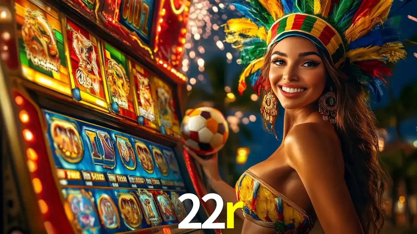 Mulher com um cocar de carnaval ao lado de uma máquina de caça-níqueis enquanto segura uma bola de futebol, mostrando a união da diversão de cassino e esportes no 22r.