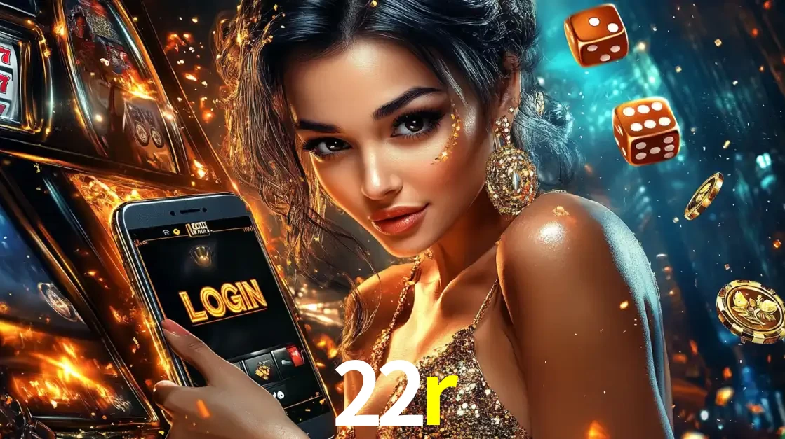 Mulher glamourosa segurando um celular com a tela de login do cassino 22r, rodeada por dados e moedas douradas, pronta para começar a diversão.