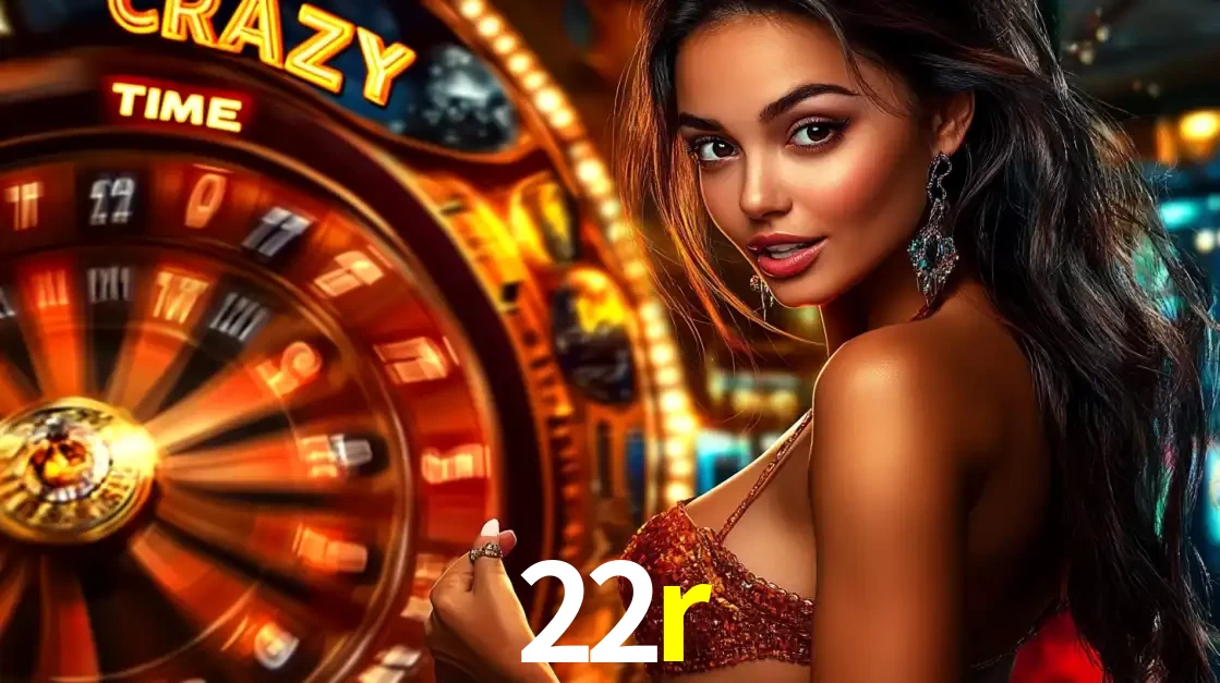 Mulher ao lado da roda de prêmios do jogo de cassino ao vivo Crazy Time, um dos shows de jogos mais emocionantes oferecidos pela plataforma de apostas 22r.