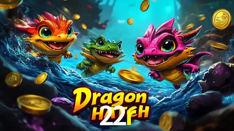 Arte promocional do jogo Dragon Hatch com três adoráveis dragões bebês nadando entre moedas de ouro, um dos slots mais divertidos para jogar no cassino 22r.