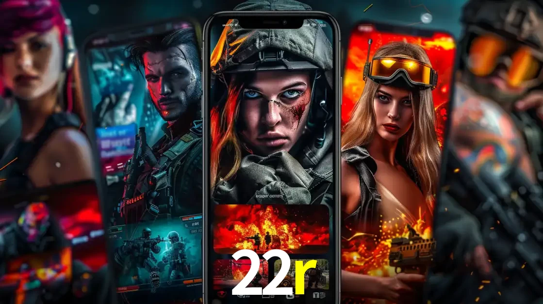 Montagem de telas de celular mostrando diversos personagens, masculinos e femininos, de um jogo de tiro, ilustrando a diversidade de equipes de e-sports para apostar no 22r.