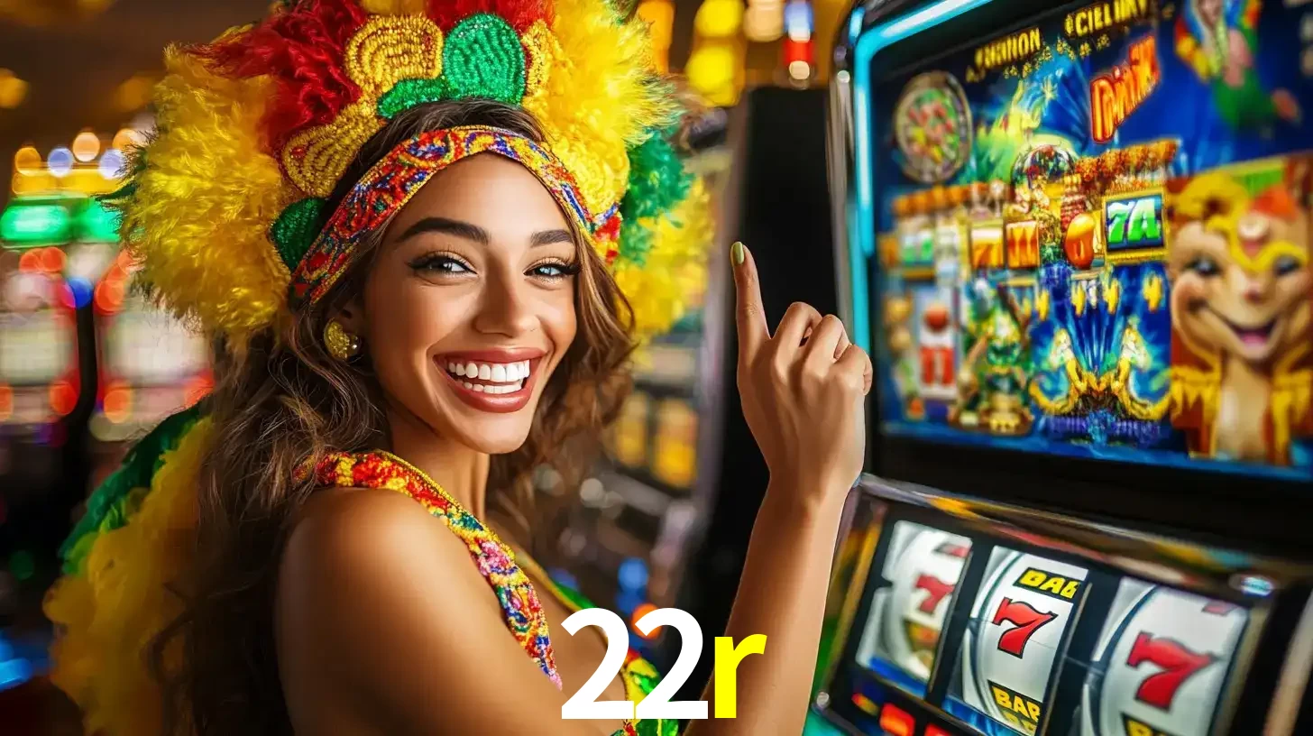 Mulher animada com um cocar de carnaval apontando para uma máquina de caça-níqueis, mostrando a emoção de ganhar um grande prêmio nos jogos do 22r.