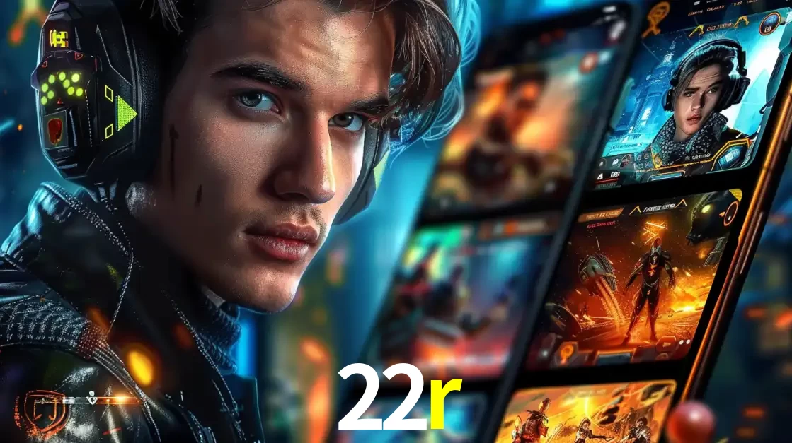 Jovem jogador com fones de ouvido olhando para a câmera, com um aplicativo de jogos e e-sports para celular ao fundo, pronto para a competição e apostas no 22r.