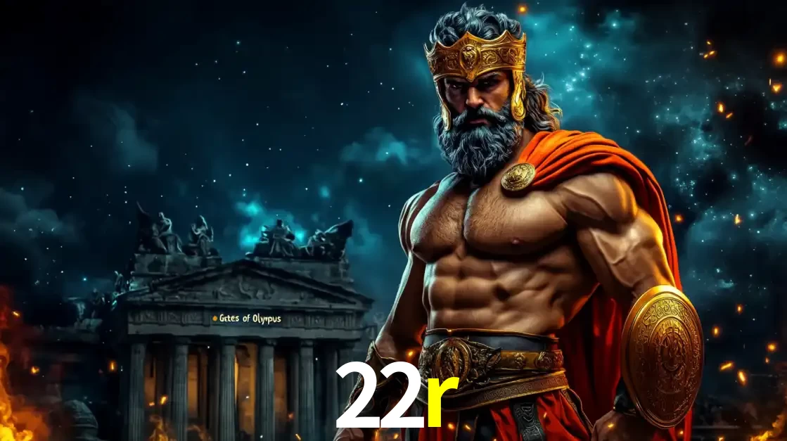 O poderoso Zeus do jogo de slot Gates of Olympus em frente ao seu templo, pronto para lançar multiplicadores divinos e prêmios épicos no cassino online 22r.