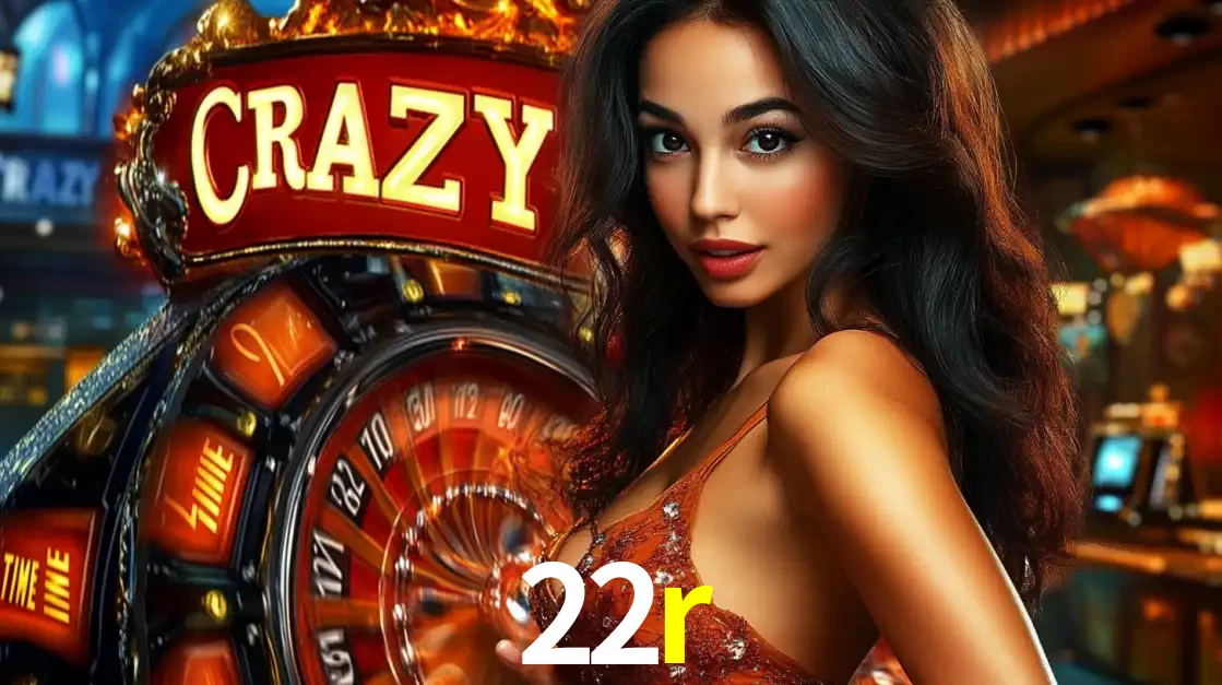 Mulher glamourosa olhando para a câmera com a roda vermelha do Crazy Time ao fundo em um ambiente de cassino, destacando a emoção dos jogos ao vivo no 22r.