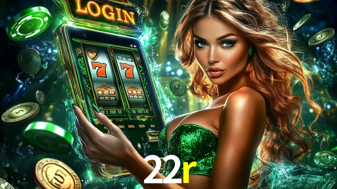 Mulher com tema verde apresentando o aplicativo do cassino 22r com um jogo de slot de 777, cercada por fichas de cassino e uma aura de sorte.