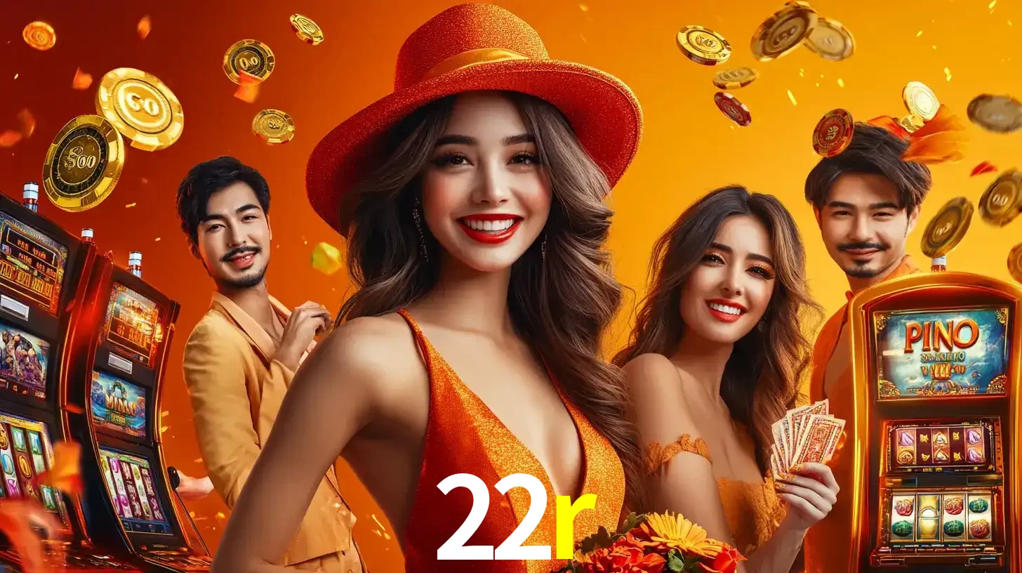 Grupo de amigos asiáticos sorrindo e se divertindo com máquinas de caça-níqueis em um ambiente festivo, celebrando suas vitórias nos jogos de cassino do 22r.