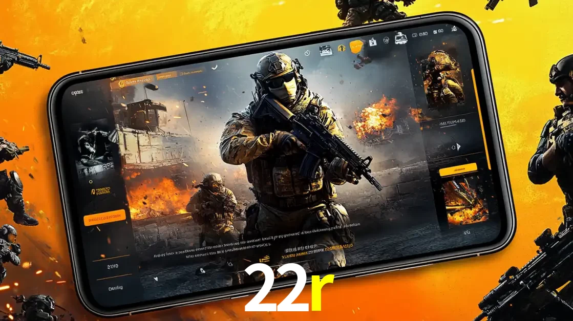 Um smartphone exibindo a interface de um jogo de tiro em primeira pessoa, com um soldado em um cenário de batalha, representando a ação dos e-sports para apostar no 22r.