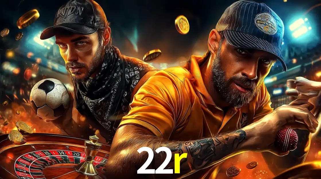 Montagem de apostas esportivas e cassino no 22r, com um homem segurando uma bola de futebol e outro uma de beisebol sobre uma roleta e moedas voadoras.