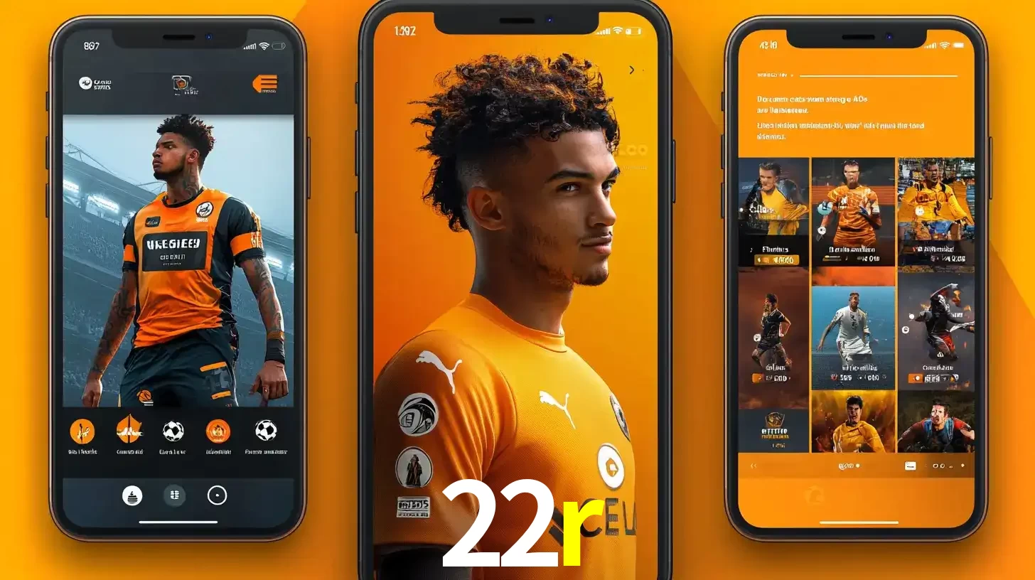 Interface do aplicativo de apostas esportivas 22r em três telas de celular, mostrando o perfil de um jogador de futebol e a lista de jogos disponíveis para apostar.