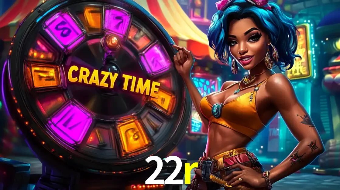 Mulher estilizada com cabelo azul e visual vibrante posando ao lado da roda de prêmios do game show Crazy Time, convidando para a diversão e os bônus do cassino 22r.