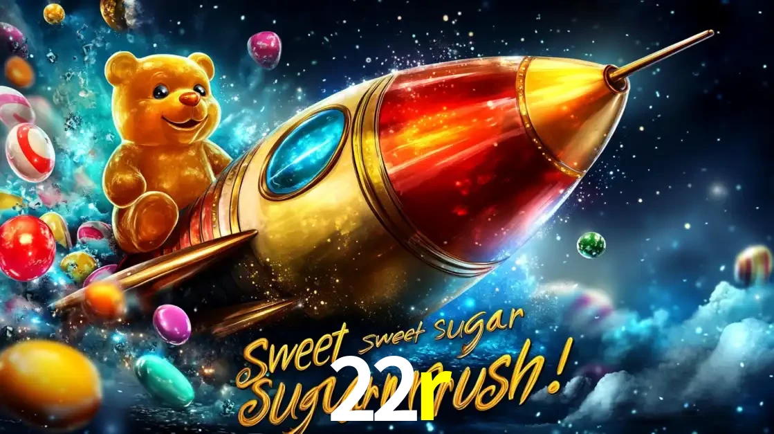 Arte promocional do jogo de slot Sugar Rush, com um urso de pelúcia em um foguete viajando pelo espaço de doces, um dos jogos divertidos disponíveis no cassino 22r.