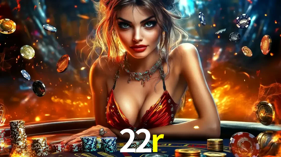 Mulher em uma mesa de cassino com pilhas de fichas e um fundo de fogo, pronta para uma rodada de altas apostas nos jogos de mesa emocionantes do cassino 22r.