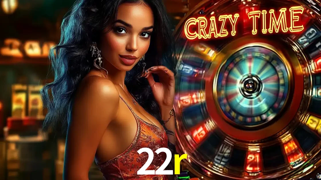 Mulher elegante ao lado da vibrante roda da fortuna do jogo de cassino ao vivo Crazy Time, um dos game shows mais populares e cheios de prêmios do 22r.