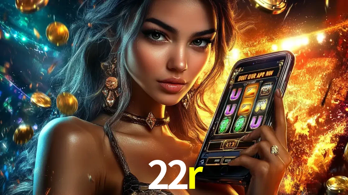 Mulher elegante mostrando um jogo de caça-níqueis em seu smartphone, destacando a experiência de cassino móvel oferecida pelo aplicativo 22r.