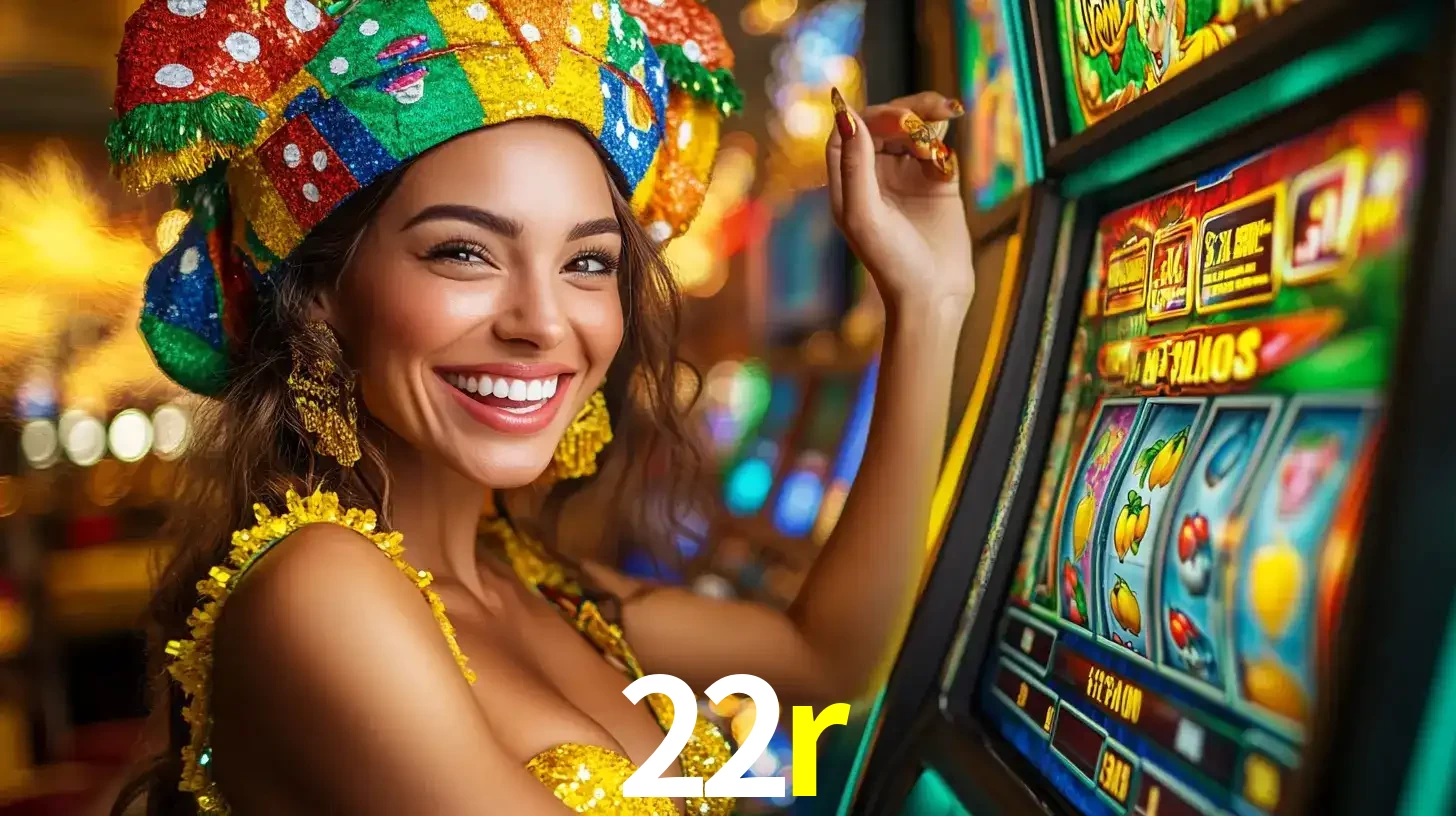 Mulher feliz com traje de carnaval amarelo e colorido ao lado de uma máquina de caça-níqueis, aproveitando a diversão e os jogos temáticos do cassino 22r.