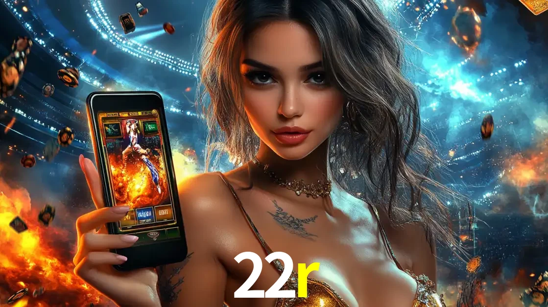 Mulher segurando um celular com um jogo de slot em destaque, tendo como fundo um estádio vibrante, simbolizando a emoção de jogar no cassino móvel 22r.