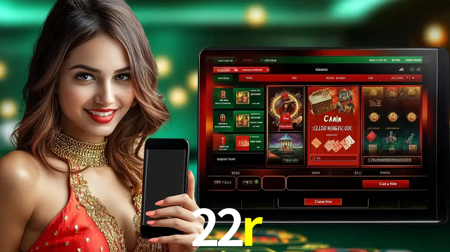 Mulher sorridente segurando um smartphone, ao lado de uma tela exibindo o lobby de jogos do cassino online 22r, com várias opções de jogos de cartas e slots.